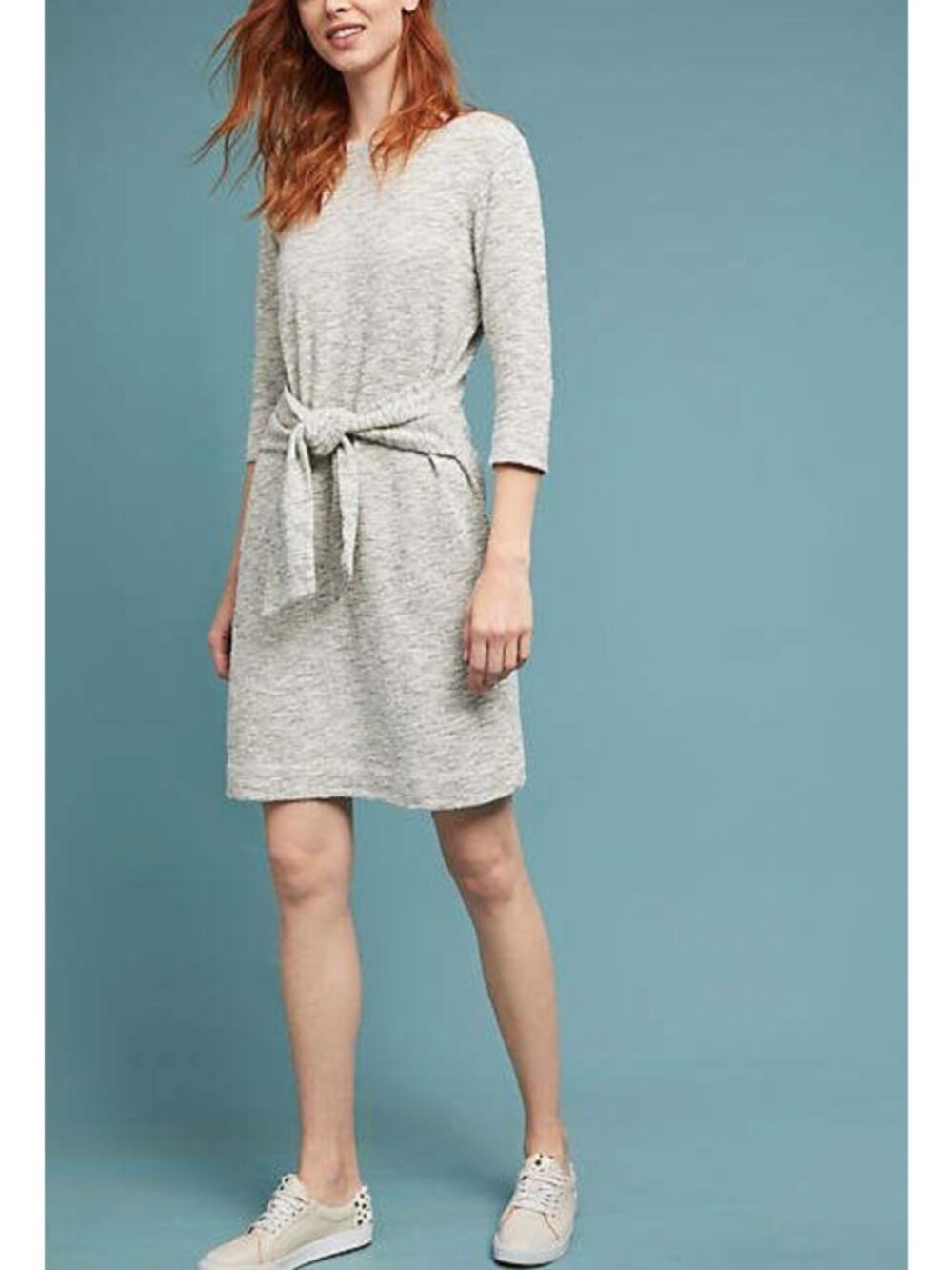 ANTHROPOLOGIE T.LA WOMEN'S HEATHER GRAY 3/4 SLEEVE BECKY TIE-WAIST DRESS Sz L